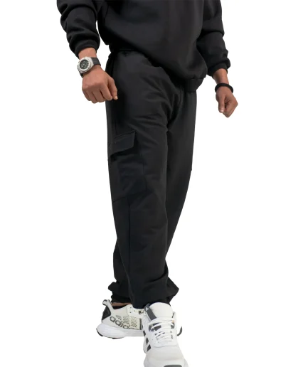 front view of our Black Cargo Jogger showcased by our model