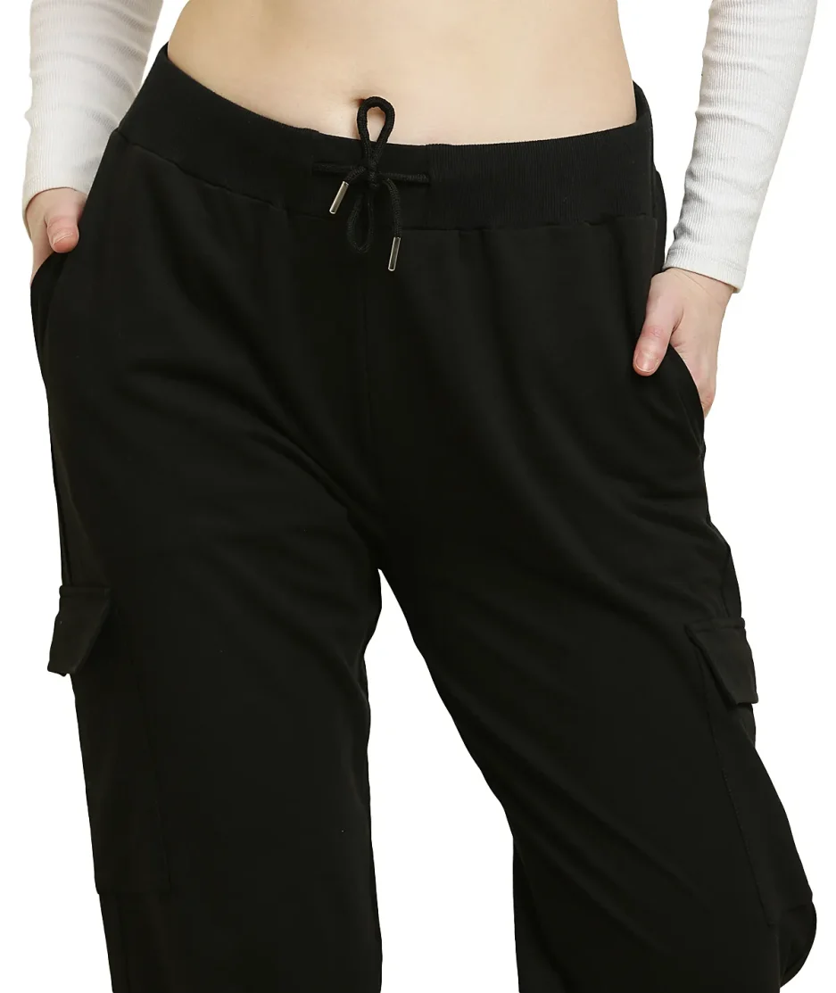 front closeup view of our Black Cargo Jogger showcased by our female model