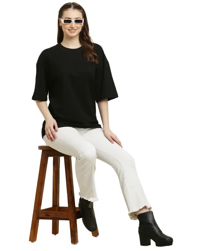 look of black oversize t-shirt worn by female model