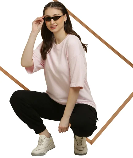 look of Baby Pink oversize t-shirt worn by female model